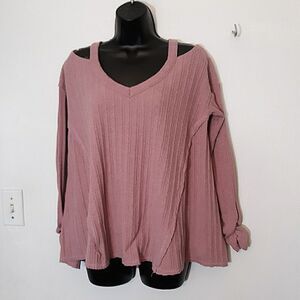 Inspired Hearts pink cold shoulder ruched sleeve sweater